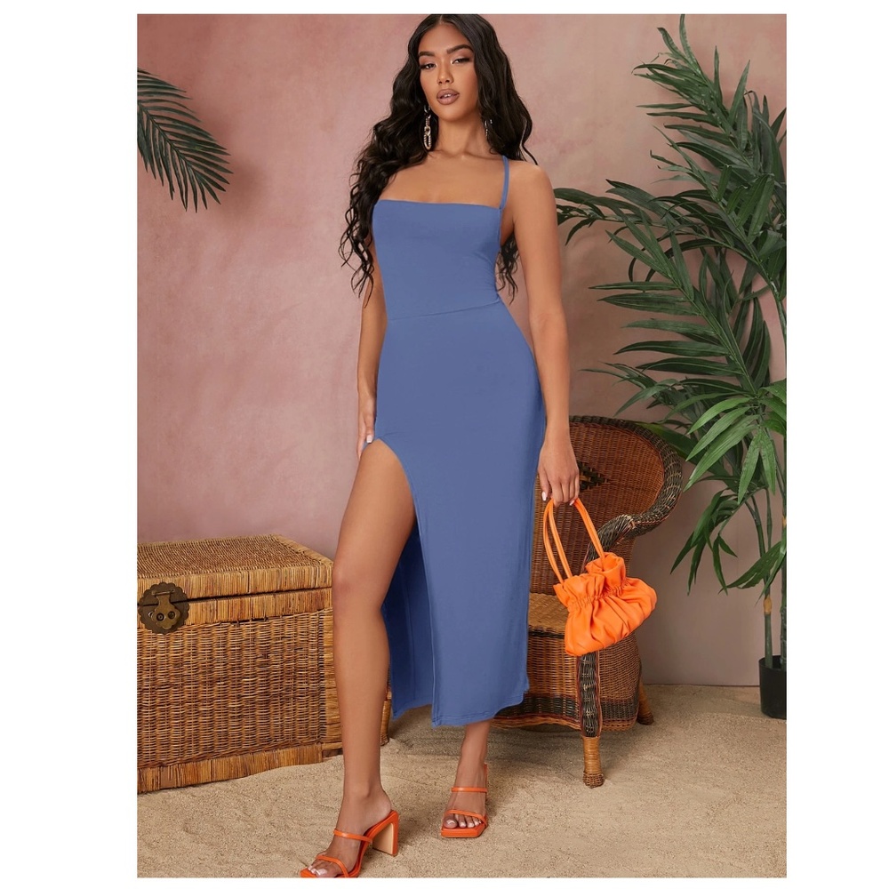 Lace Up Backless Split Thigh Cami Dress